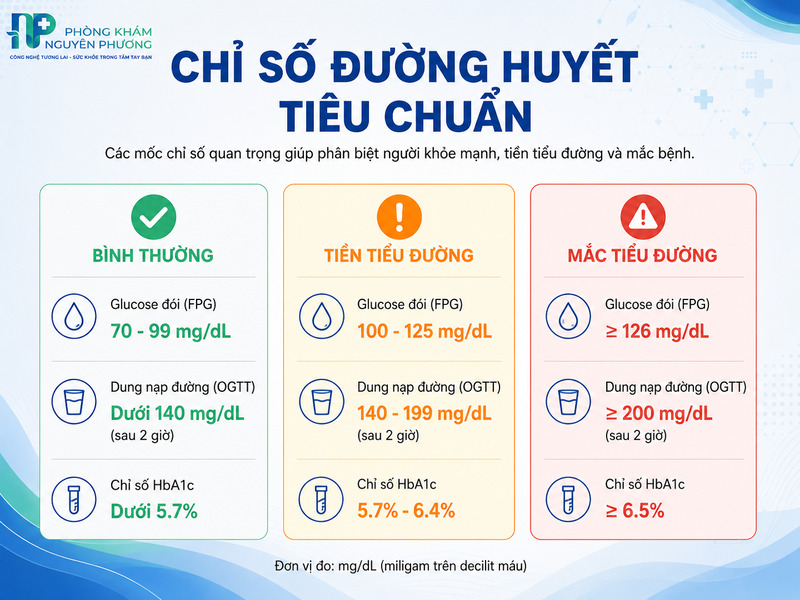 Bảng đối chiếu 3 chỉ số glucose lúc đói, OGTT và HbA1c theo các mức phân loại.