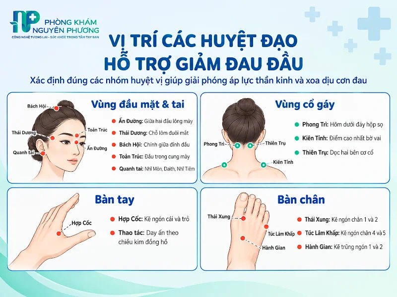 Các nhóm vị trí huyệt đạo hỗ trợ bấm giảm đau đầu