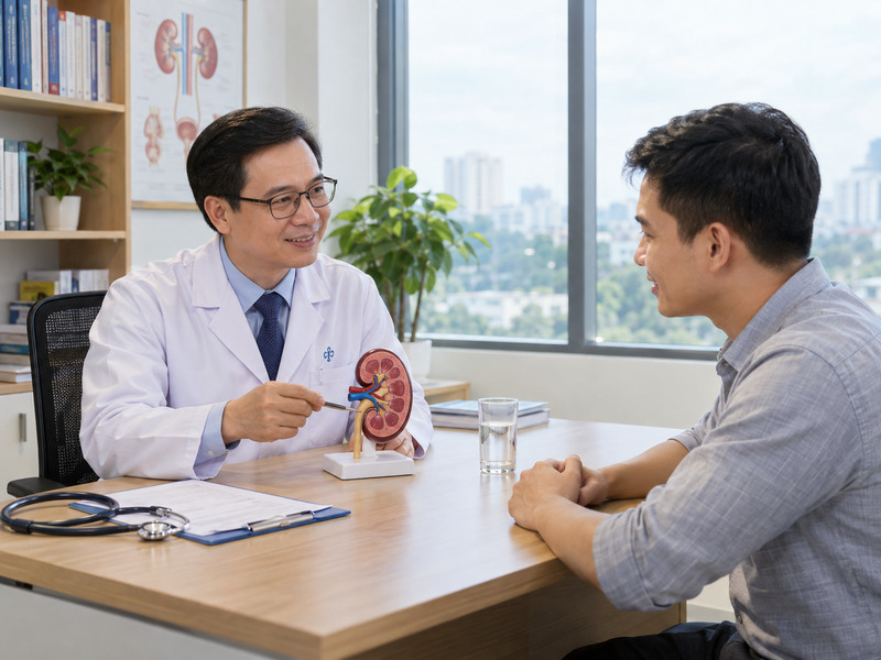 Bác sĩ tư vấn chế độ uống nước đẩy sỏi cho bệnh nhân