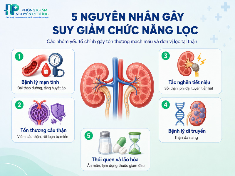 Các nhóm nguyên nhân chính dẫn đến tình trạng suy giảm chức năng lọc cầu thận