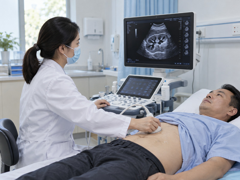 Bác sĩ thực hiện siêu âm ổ bụng để xác định vị trí sỏi