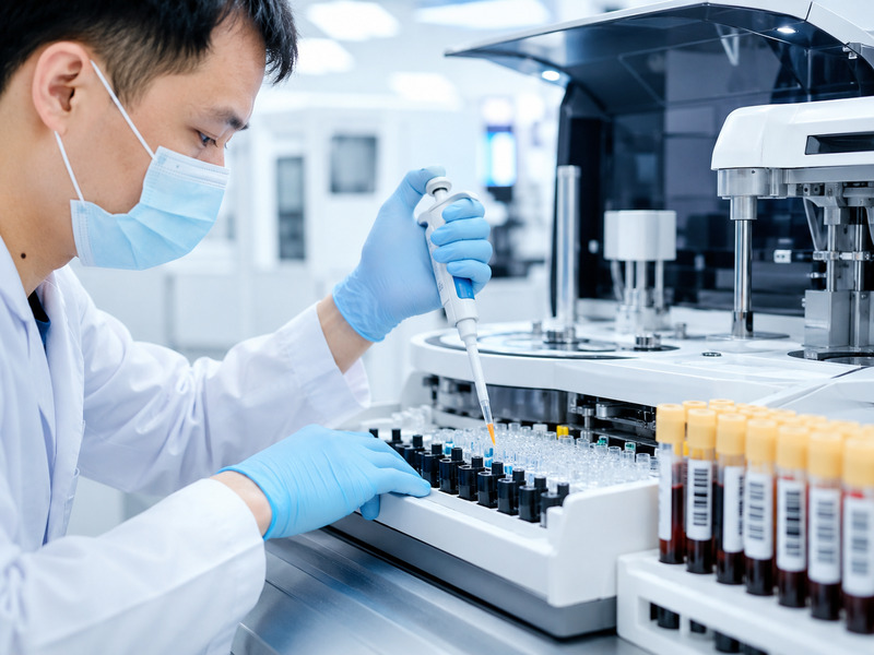 Kỹ thuật viên y tế thực hiện quy trình phân tích mẫu máu tại phòng lab