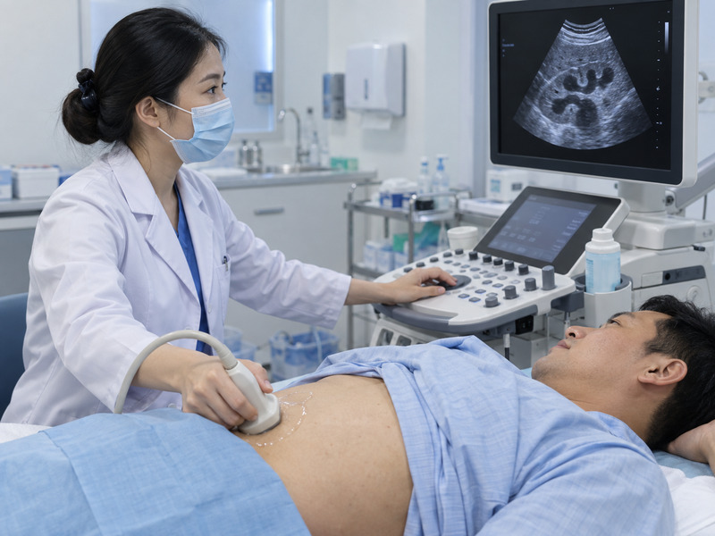 Bác sĩ thực hiện siêu âm hệ tiết niệu tầm soát sỏi