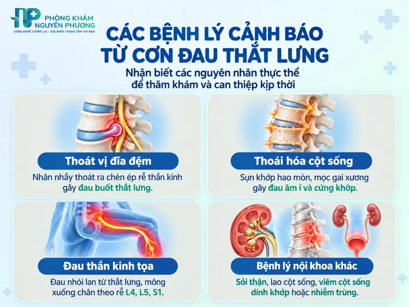 Các nguyên nhân bệnh lý phổ biến gây đau thắt lưng