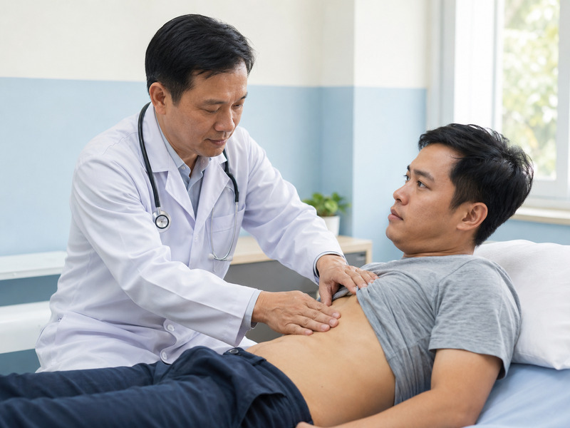 Bác sĩ chuyên khoa thăm khám vùng hạ sườn phải cho bệnh nhân