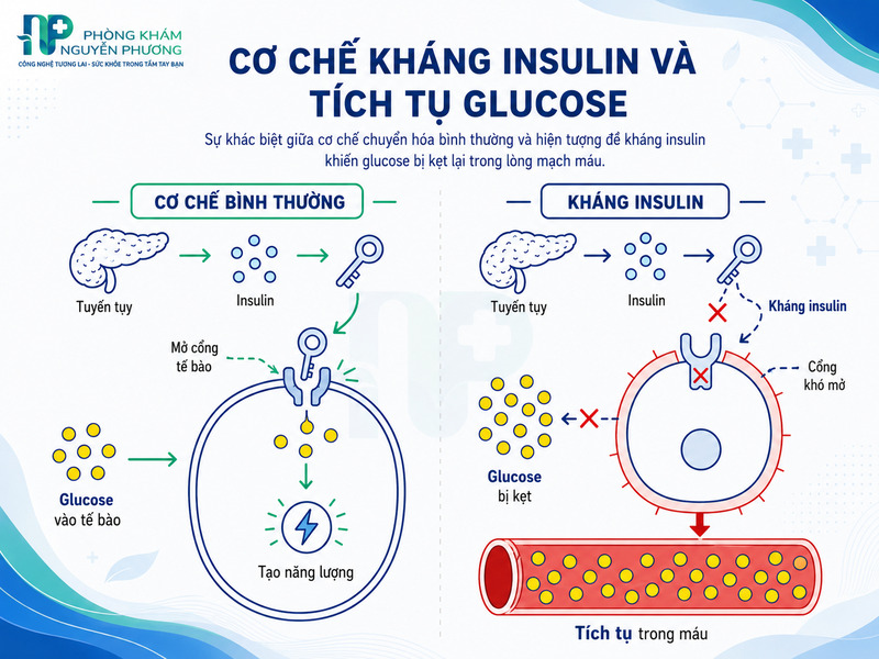 Cơ chế kháng insulin dẫn đến tình trạng tích tụ đường trong máu thay vì chuyển hóa thành năng lượng.