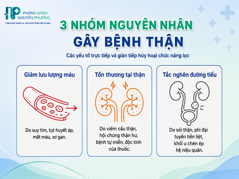 Các nhóm nguyên nhân phổ biến dẫn đến suy giảm chức năng thận