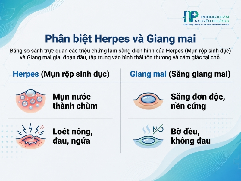 Đặc điểm phân biệt tổn thương do mụn rộp sinh dục và giang mai