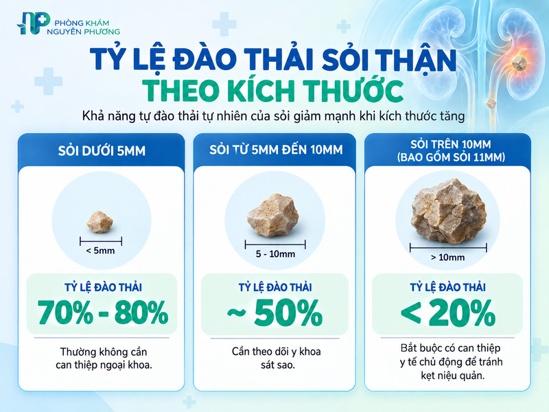 Khả năng tự đào thải sỏi thận giảm dần khi kích thước tăng lên
