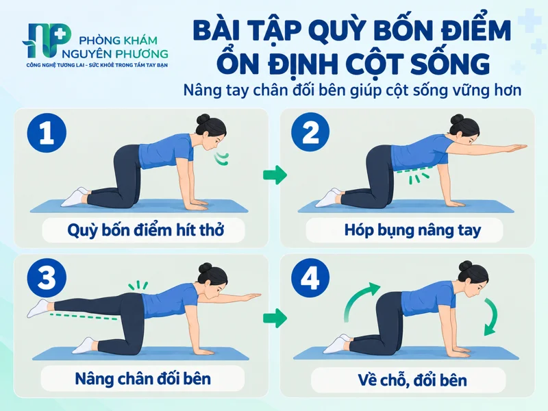 Hướng dẫn 4 bước thực hiện bài tập quỳ bốn điểm ổn định cột sống