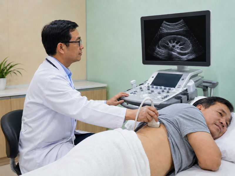 Bác sĩ thực hiện siêu âm kiểm tra cấu trúc thận cho bệnh nhân